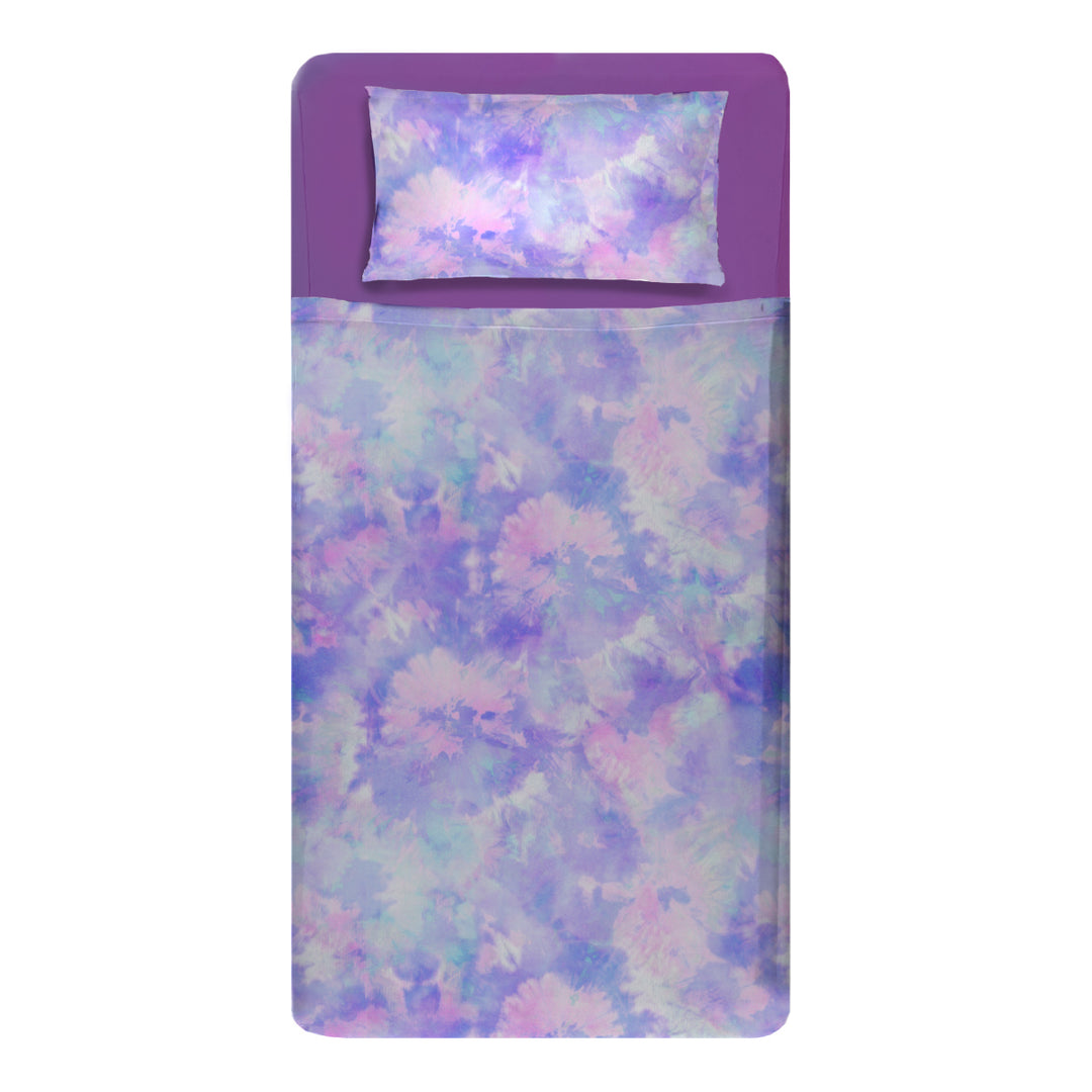 Made bed mattress image with sensory purple fitted sheets and colour pastel tie dye print compression Sheets
