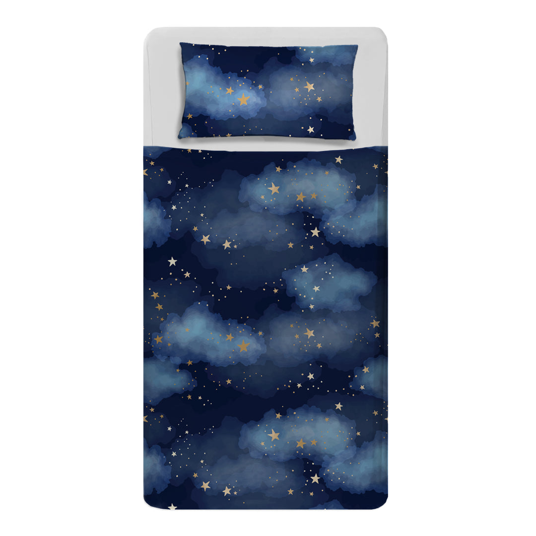 Made bed mattress image with sensory white fitted sheets and beautiful starry night print compression Sheets