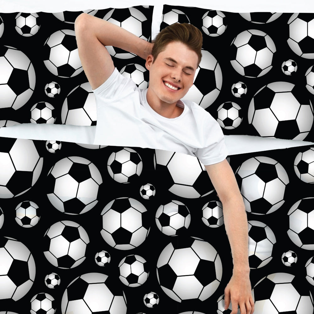 Teen boy in sensory Compression Soccer ball Print bedsheets with matching pillowcases