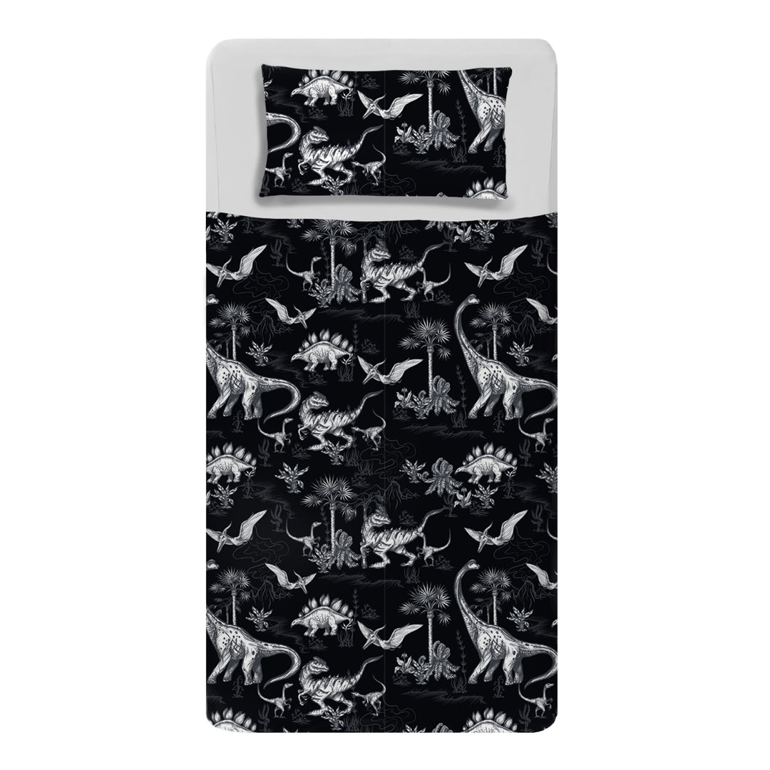 Made bed mattress image with sensory white fitted sheets and Black Dinosaur print compression Sheets