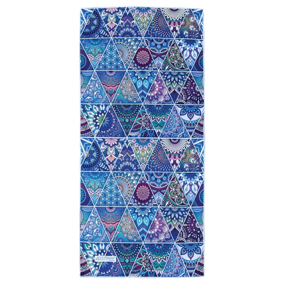 Beautiful colorful pattern gym towel with ocean blues, greens and lilacs.
