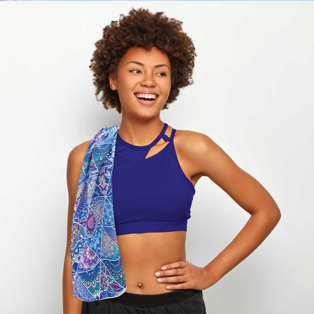 Happy women heading to gym with antibacterial gym towel over shoulder made from recycled materials