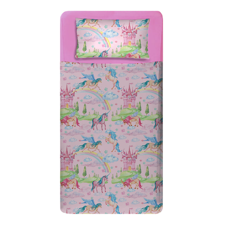 Made bed mattress image with sensory pink fitted sheets and pink unicorn print compression Sheets
