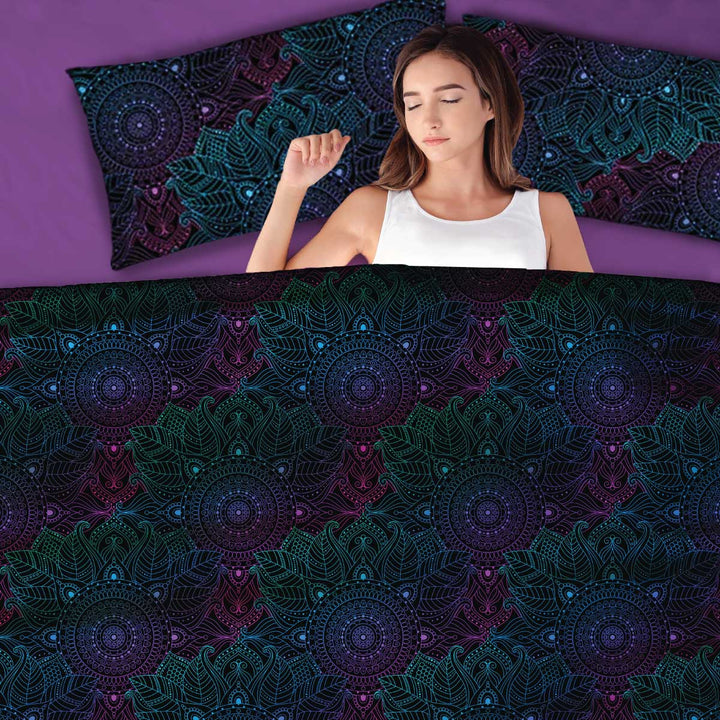 Women asleep in beautiful Manadala pattern JettProof Compression sheets with matching pillowcases