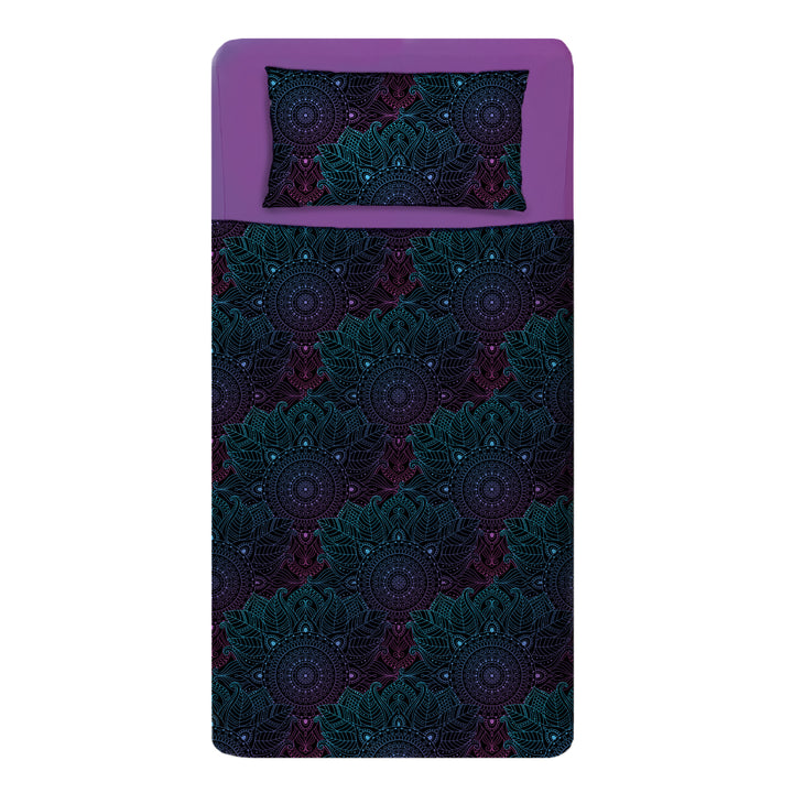 Made bed mattress image with sensory Purple fitted sheets and Mandala print compression Sheets