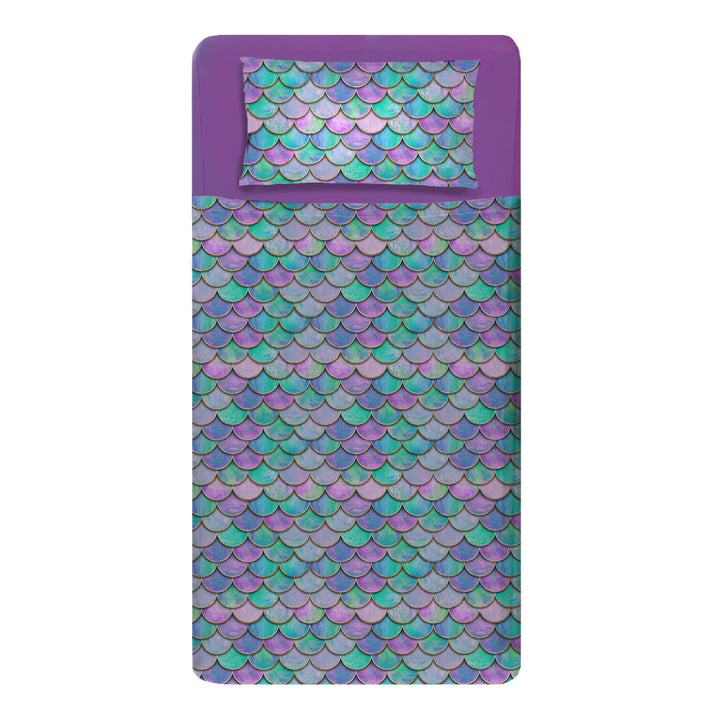 Made bed mattress image with purple fitted sheets and beautiful shimmering mermaid scale print compression Sheets