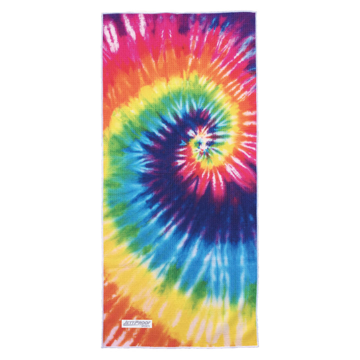 Bright color tie dye swirl on antibacterial gym towel made from recycled fabric