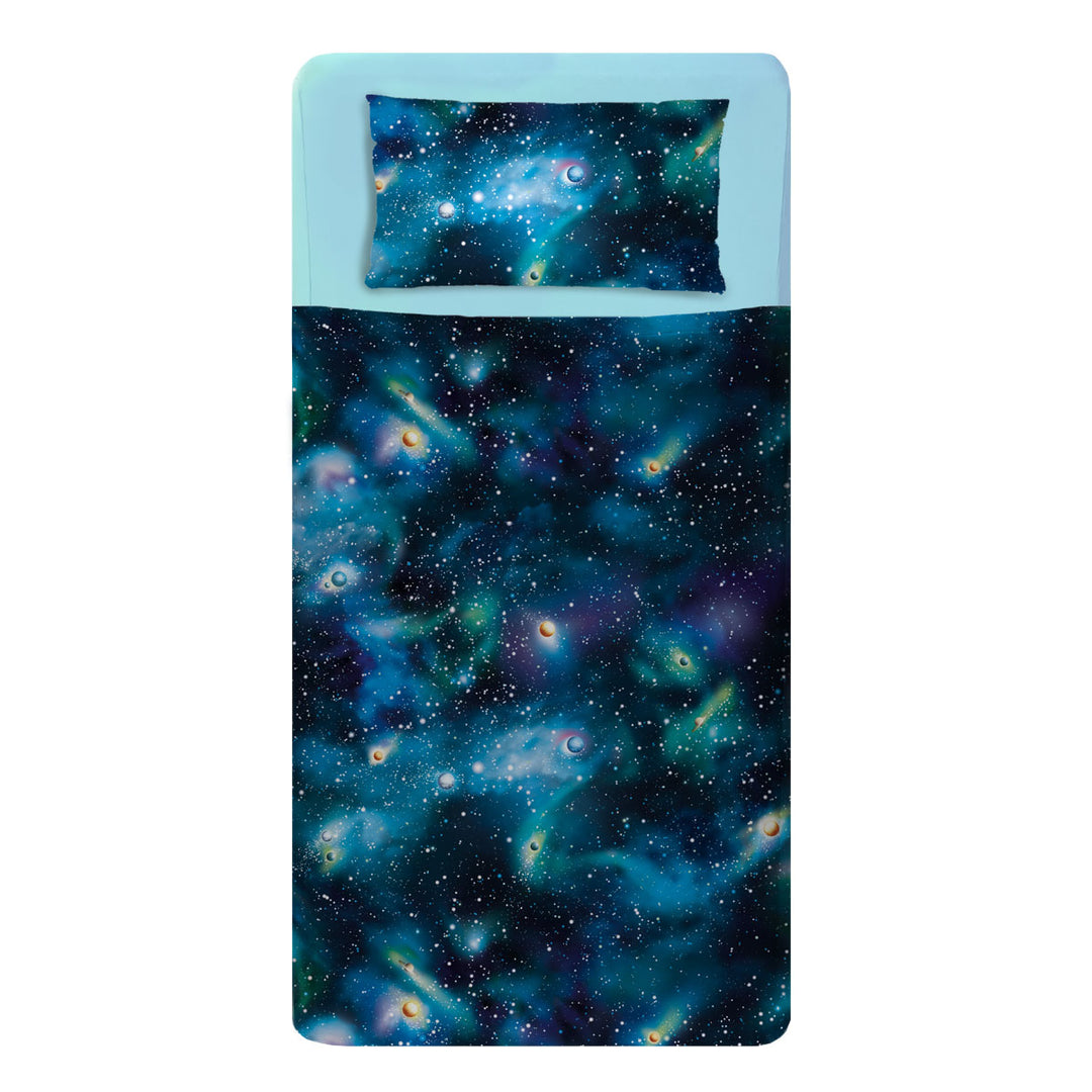 Made bed mattress image with light blue fitted sheets and fashionable universe print