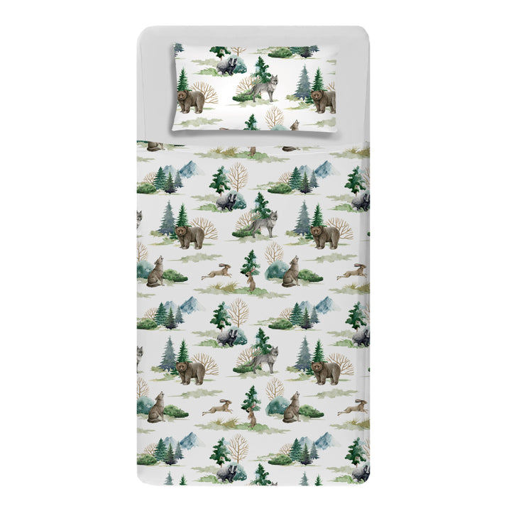 Made bed mattress image with sensory white fitted sheets and American animals in wildernessprint compression Sheets