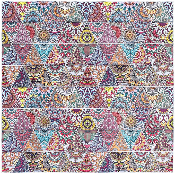 Laid out oversized sand-free towel featuring beautiful interlocking triangle patterns in subtle pink orange and green