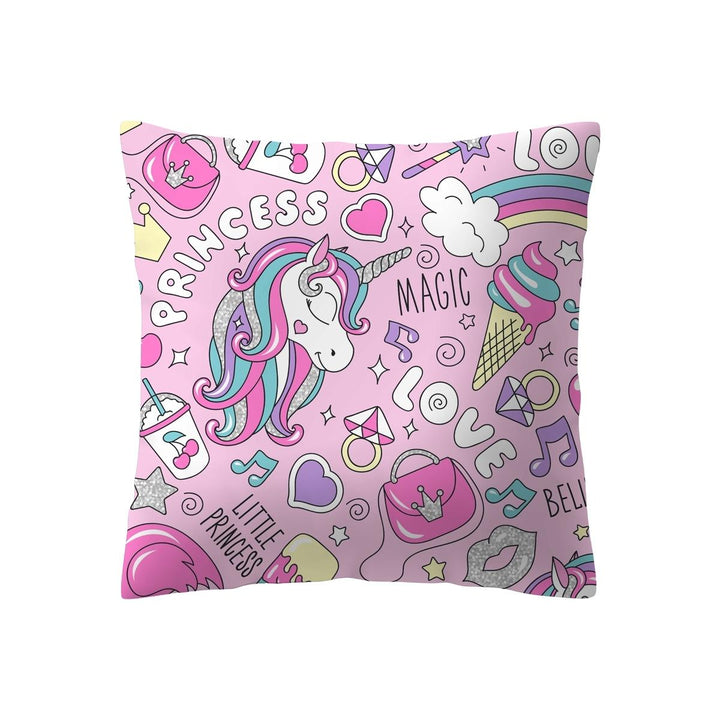 Beautiful pink princess cushion with unicorns, rainbows, ice cream and accessories